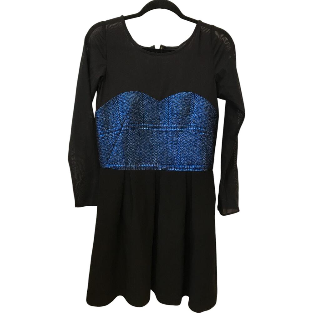Zayan Dress Womens Black Sheer Textured Blue Bodice Detailed Long Sleeve NEW